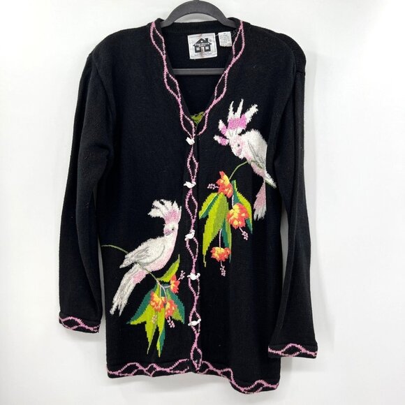 Storybook Knits bird Cockatoo Women's Black Embroidered V-Neck